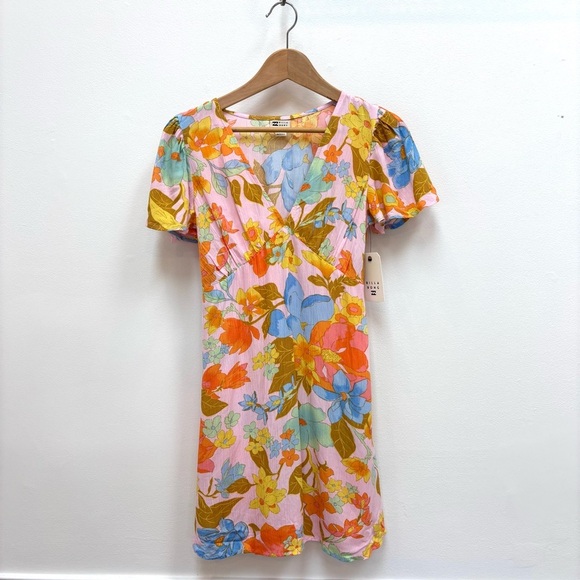 Billabong Short & Sweet Floral Print Flutter Sleeve Babydoll Dress Sorbet XS NEW - Picture 4 of 13
